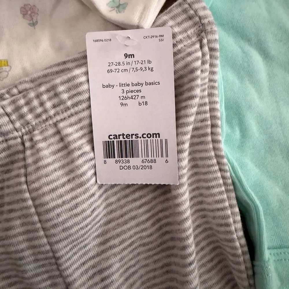 Carter's White Hooded Cardigan, Teal Bodysuit & Gray Stripe Pants Set size 9m